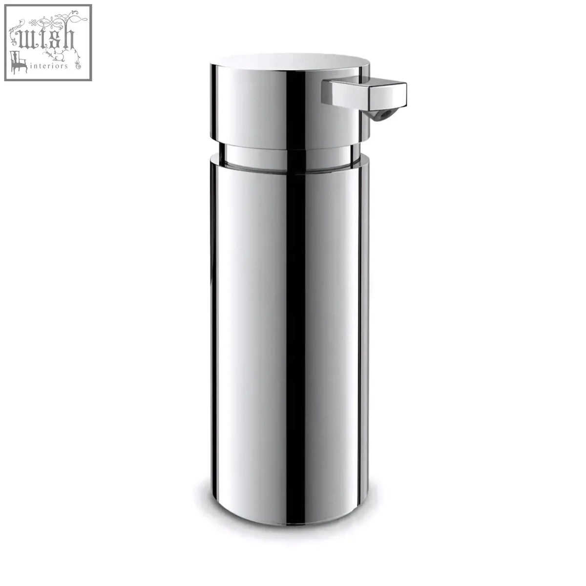 Chrome-finished scala soap dispenser with sleek cylindrical design and rectangular push-button in stainless steel