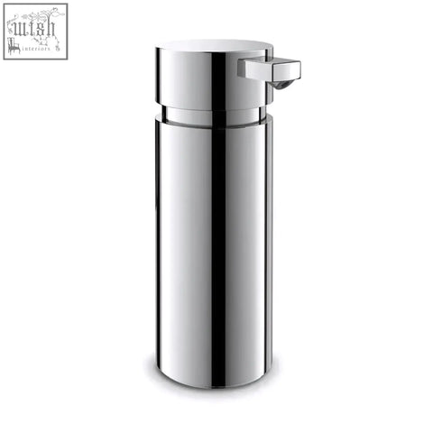 Chrome-finished scala soap dispenser with sleek cylindrical design and rectangular push-button in stainless steel