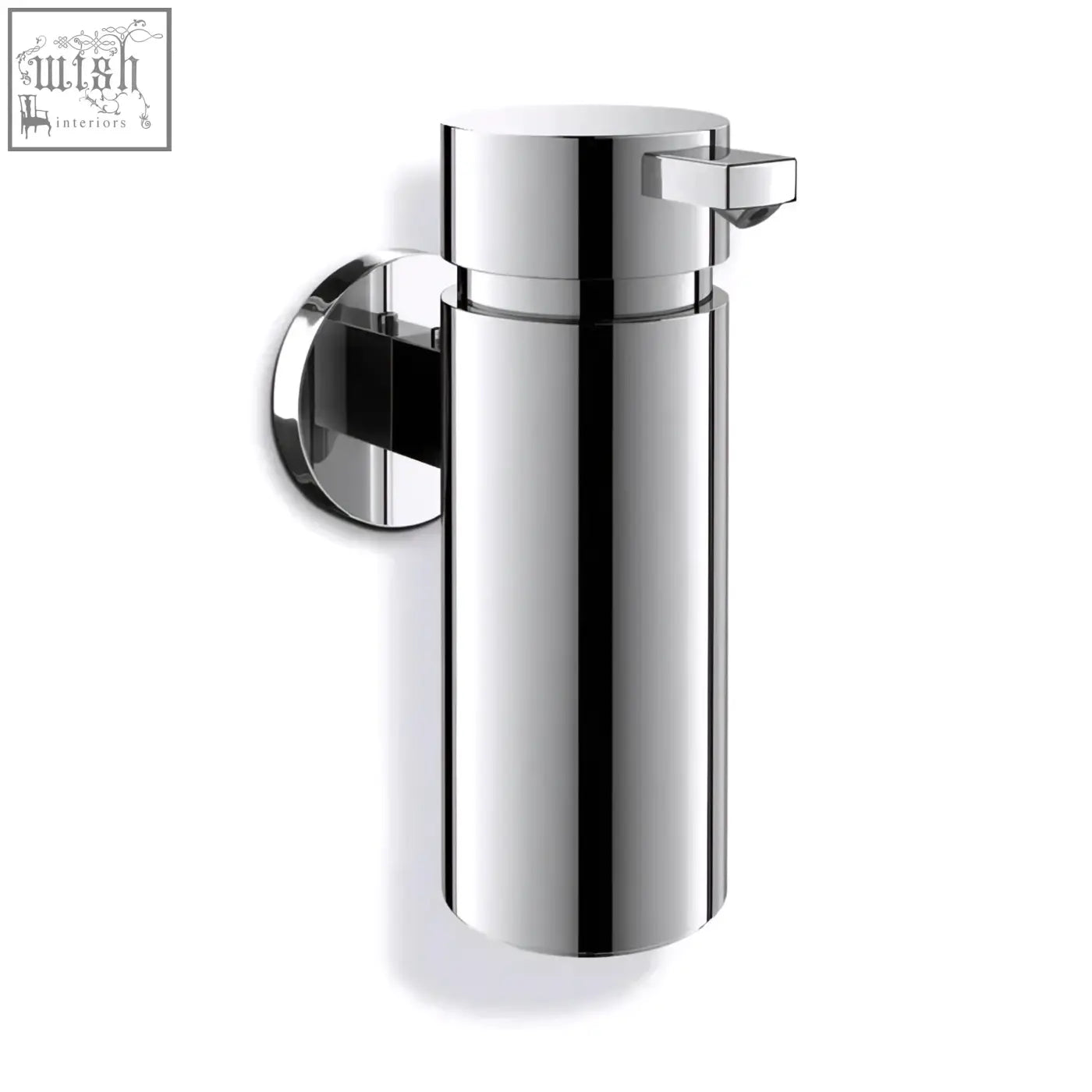 Chrome finished wall-mounted scala soap dispenser with sleek cylindrical body and rectangular push-button nozzle in stainless steel