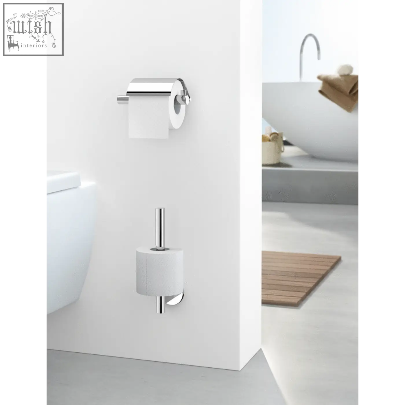 Chrome-finished zack scala spare toilet roll holder in polished stainless steel with sleek modern design on white wall
