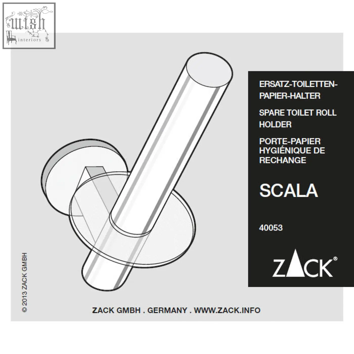 Silver cylindrical spare toilet roll holder with circular base made of polished stainless steel by zack gmbh