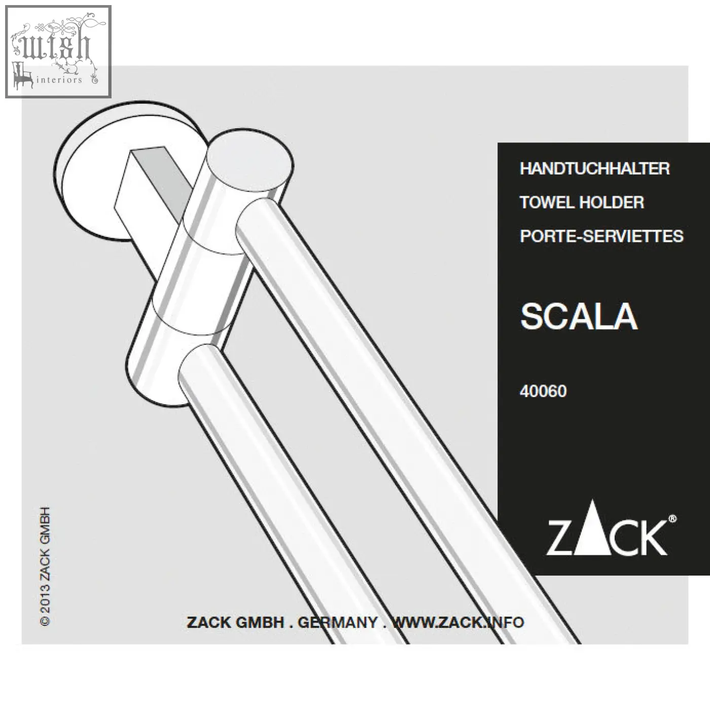 Silver metallic Zack Scala swivelling towel holder with three parallel bars in polished stainless steel design