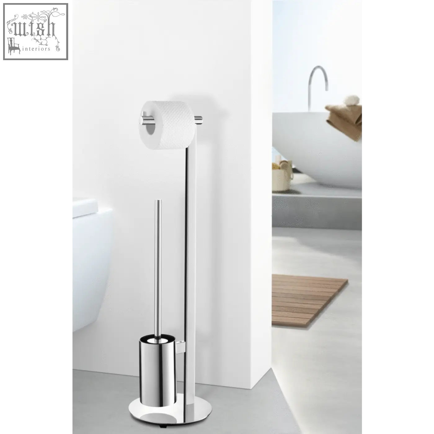 Modern chrome finished scala toilet butler with integrated brush stand in polished stainless steel design