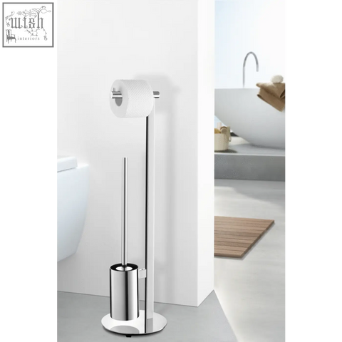 Modern chrome finished scala toilet butler with integrated brush stand in polished stainless steel design