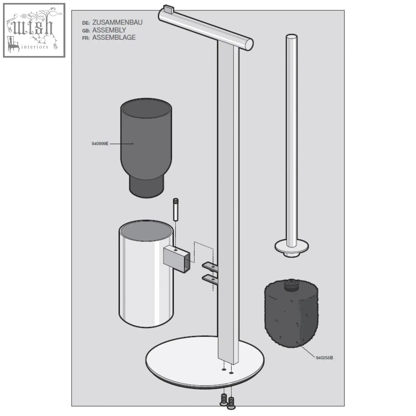 Disassembled zack scala toilet butler in polished stainless steel with sleek metallic poles and gray cylindrical parts