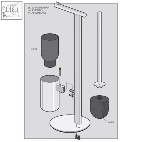 Disassembled zack scala toilet butler in polished stainless steel with sleek metallic poles and gray cylindrical parts