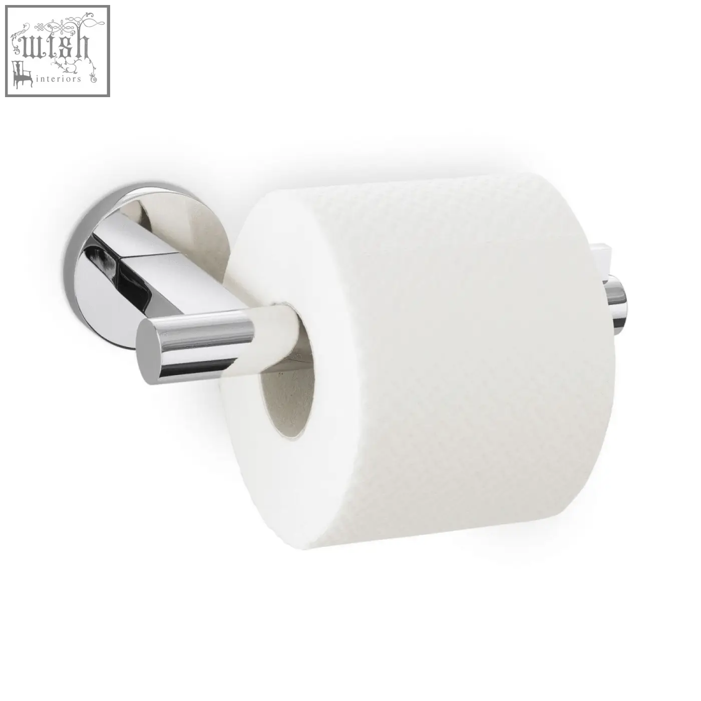 Chrome finished stainless steel toilet roll holder by zack scala holding a white standard toilet roll