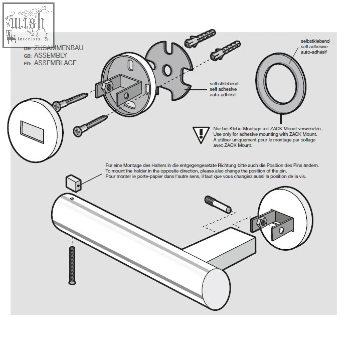 Silver cylindrical wall-mounted stainless steel toilet roll holder with circular end caps and self-adhesive mounting