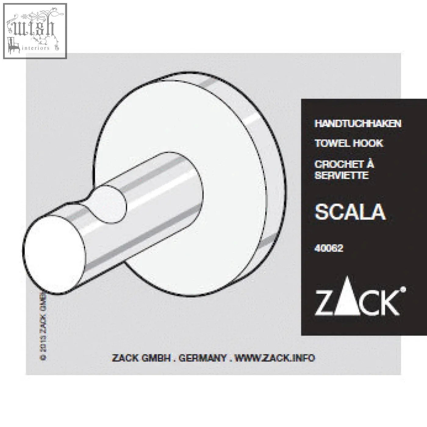 Silver metallic scala towel hook with circular base and stainless steel stem for premium bathroom organisation