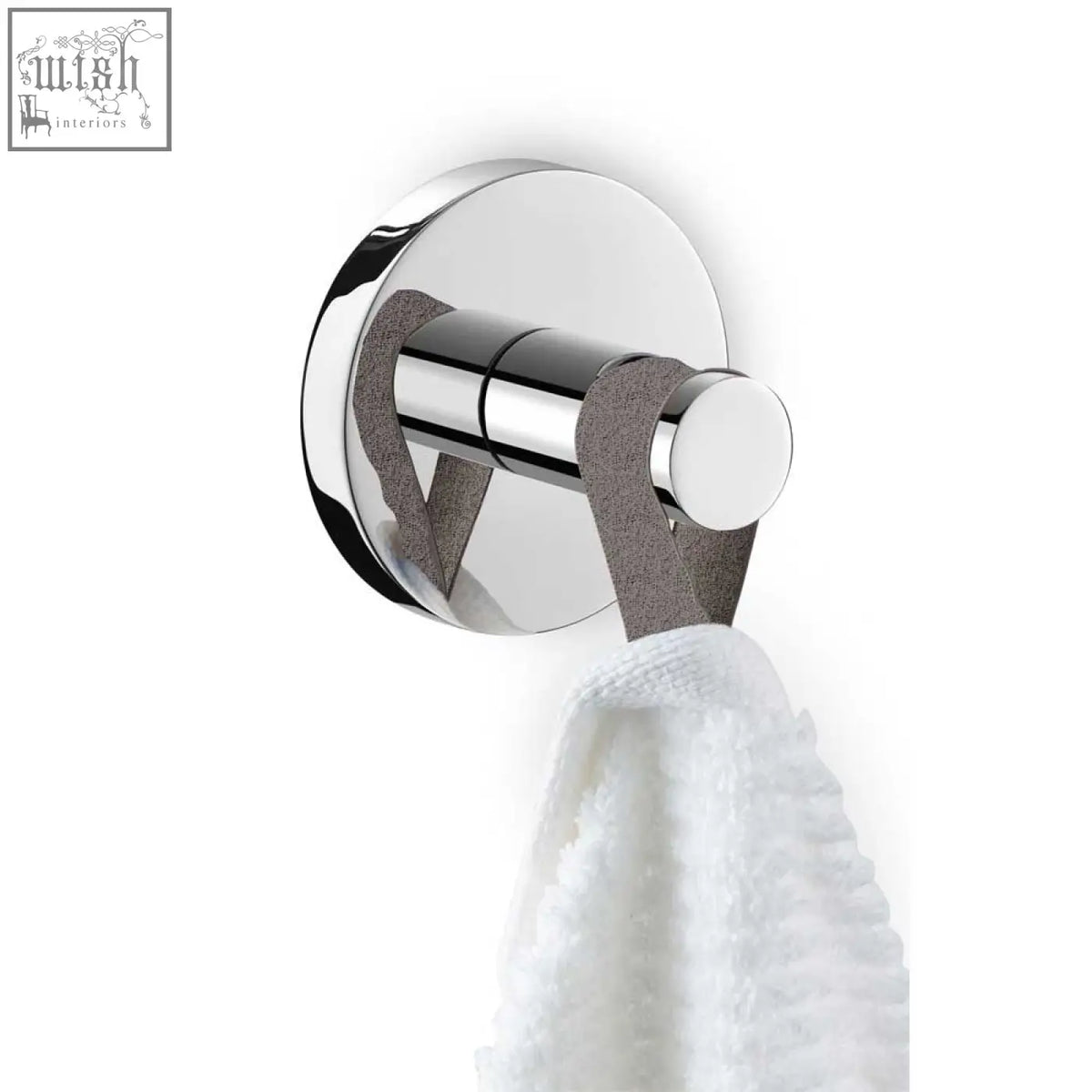 Zack Scala towel hook in polished stainless steel with chrome finish and gray fabric grip for modern bathroom use