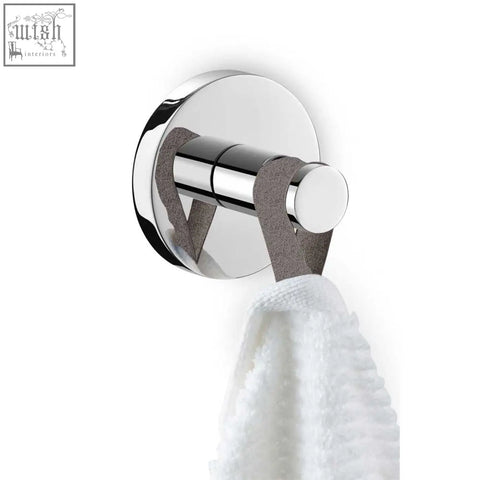 Zack Scala towel hook in polished stainless steel with chrome finish and gray fabric grip for modern bathroom use
