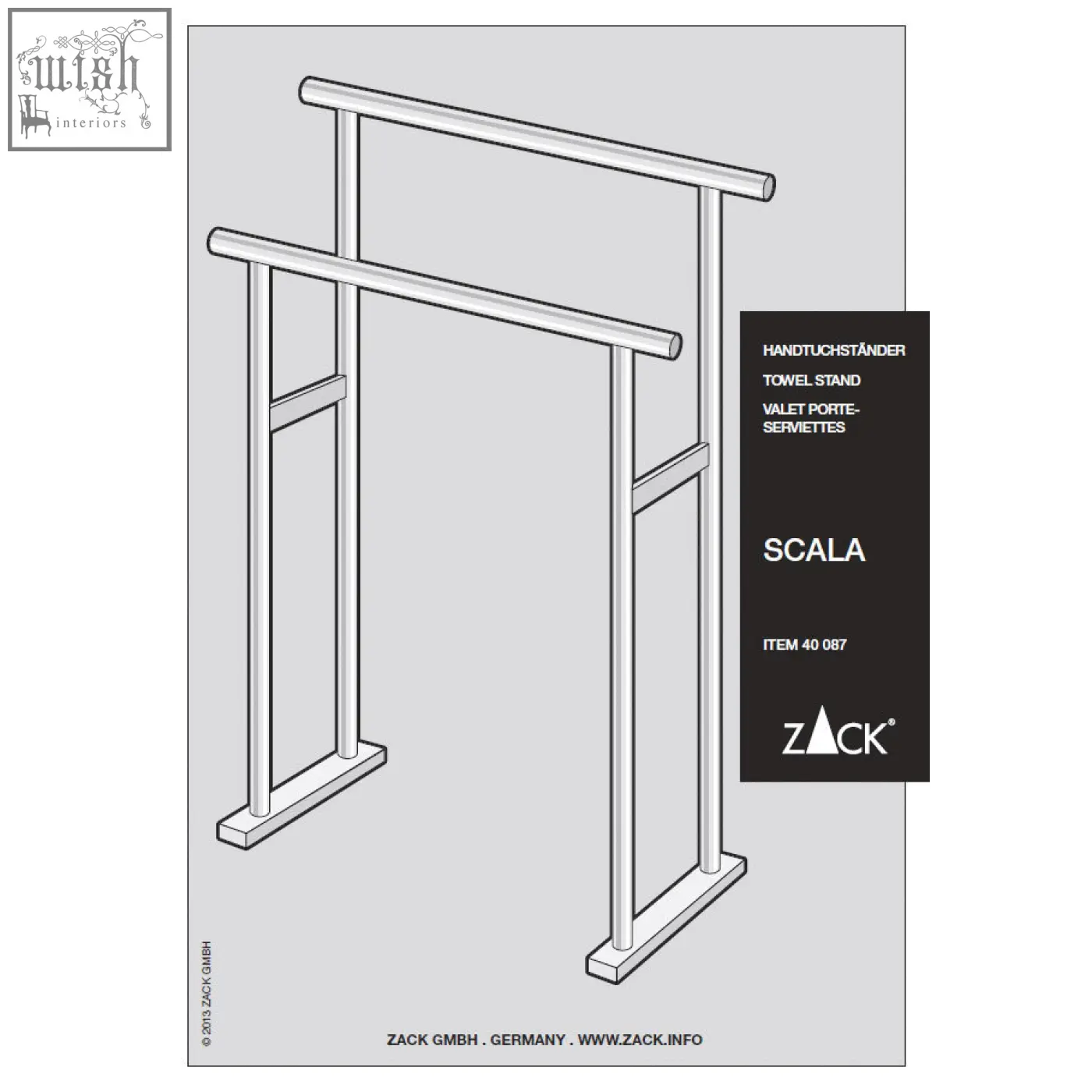 Silver stainless steel scala towel stand with two bars and rectangular base by zack for hanging towels