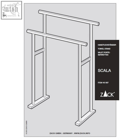 Silver stainless steel scala towel stand with two bars and rectangular base by zack for hanging towels
