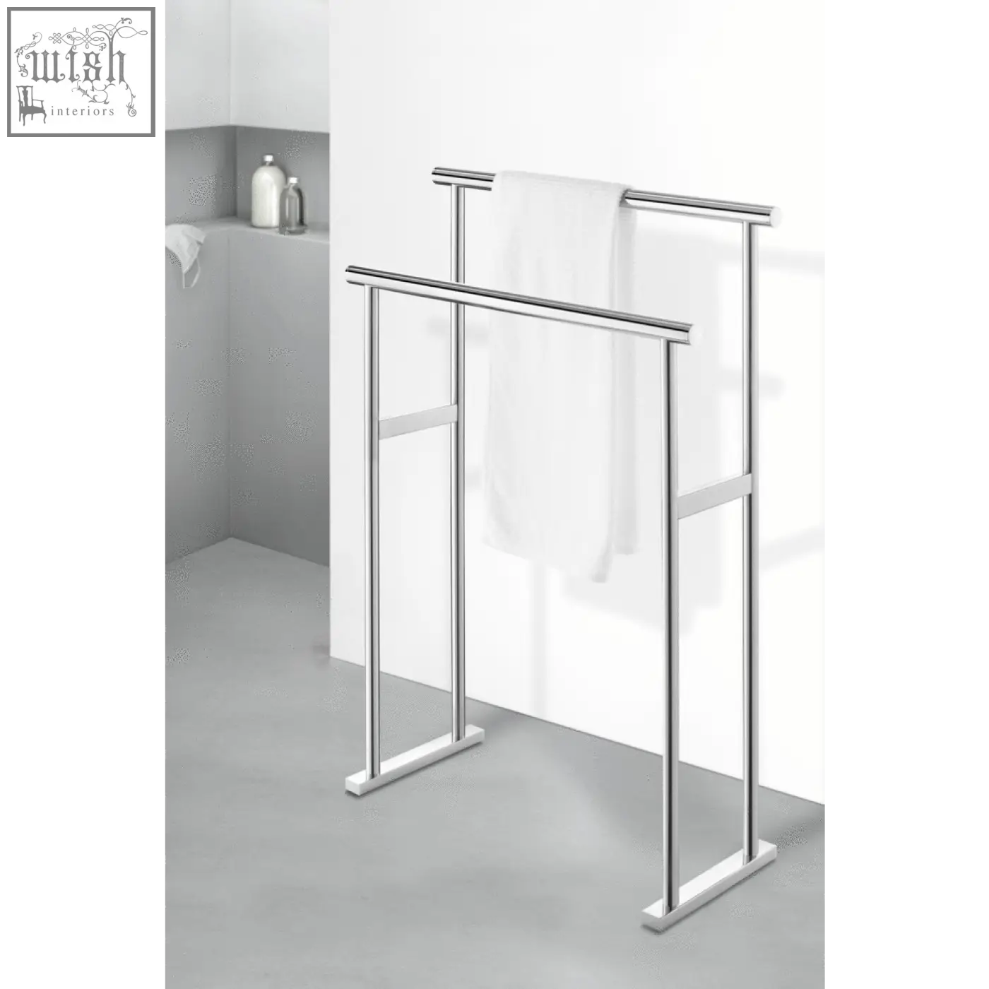 Modern chrome finished scala towel stand stainless steel double tier towel rack with sleek minimalist design