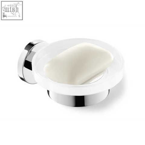 Chrome finished zack scala soap dish with translucent white glass bowl and off white soap in stainless steel holder