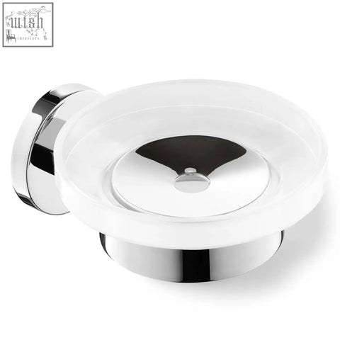 Chrome finished scala soap dish with translucent white acrylic bowl and circular stainless steel wall mount base