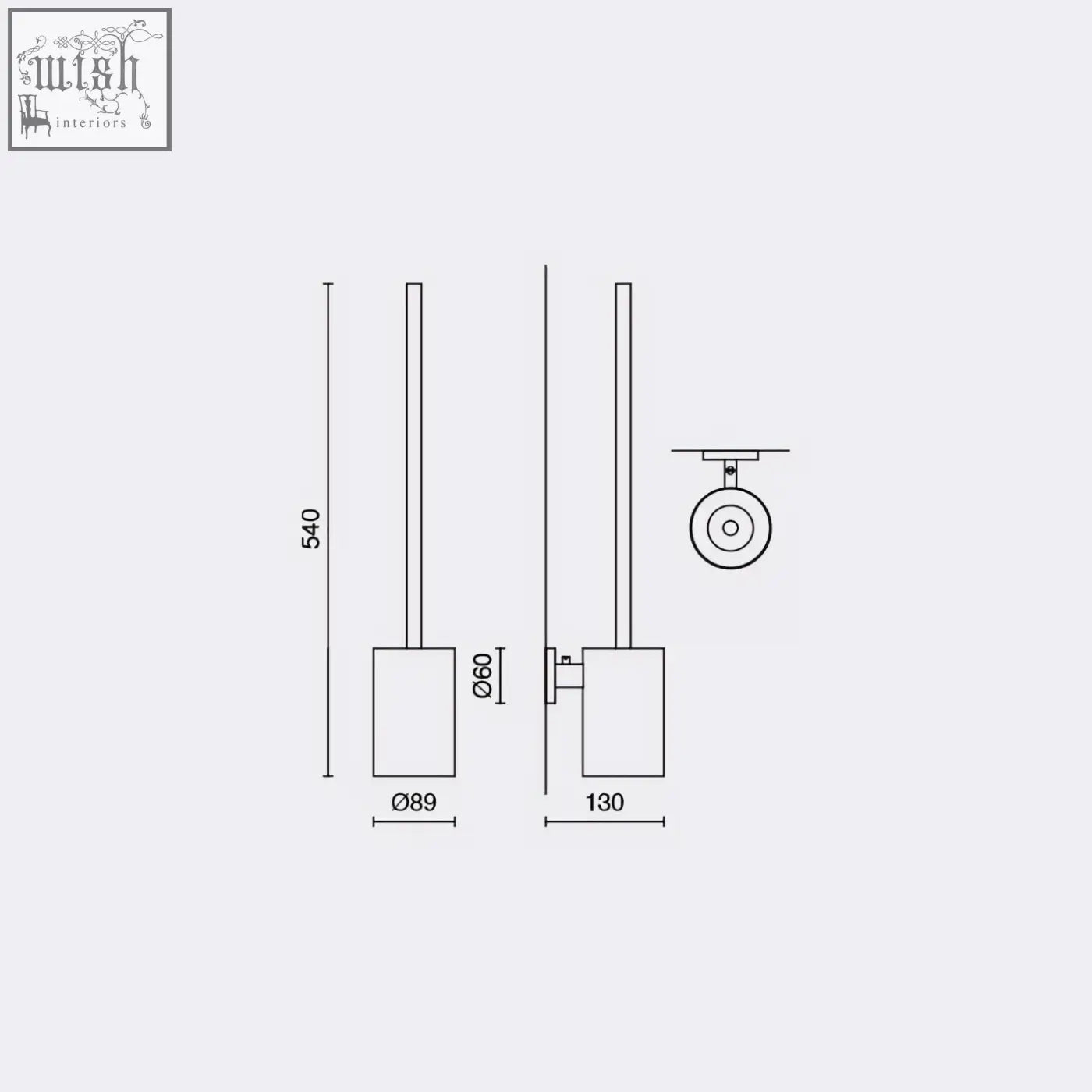 Minimalist cylindrical wall spotlight with sleek metallic finish shown alongside scala stainless steel wall toilet brush for bathroom hygiene