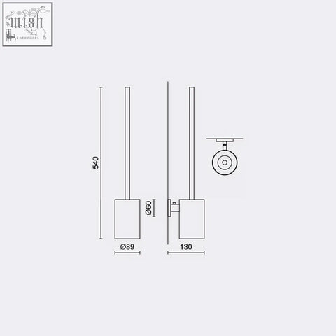Minimalist cylindrical wall spotlight with sleek metallic finish shown alongside scala stainless steel wall toilet brush for bathroom hygiene