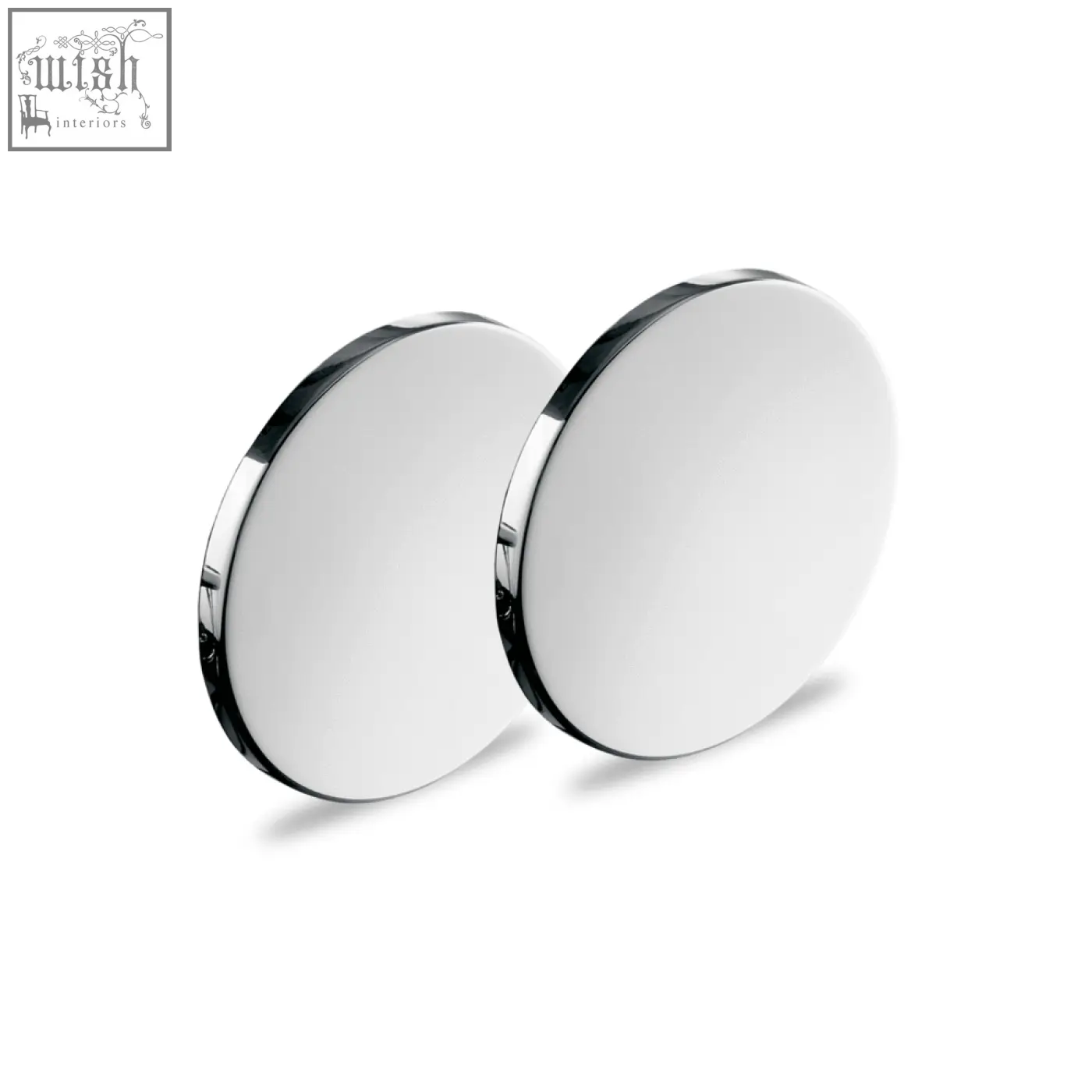 Pair of sleek round stainless steel cover discs with polished chrome edges for glass mounting cover disc set