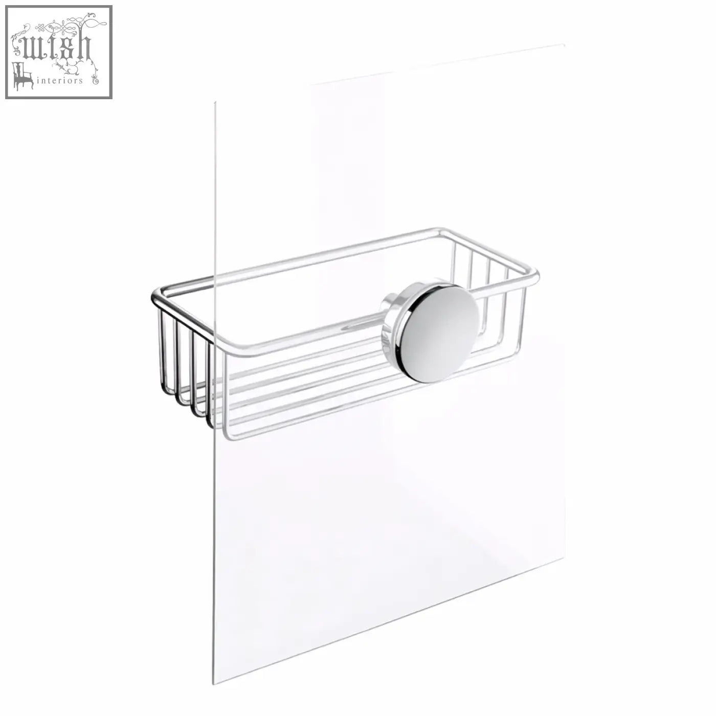 Chrome finished wire mesh shower caddy with circular magnetic attachment and stainless steel cover disc set for glass mounting