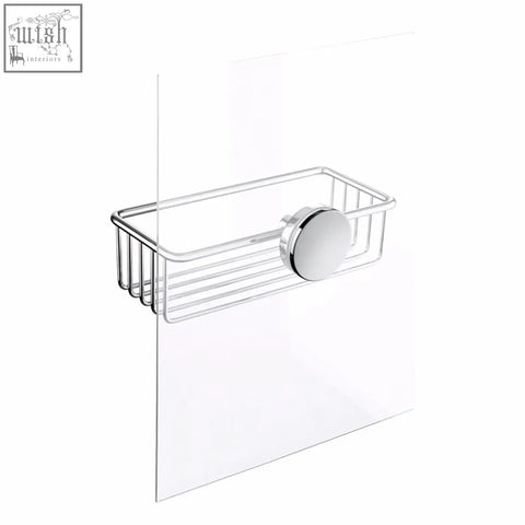 Chrome finished wire mesh shower caddy with circular magnetic attachment and stainless steel cover disc set for glass mounting