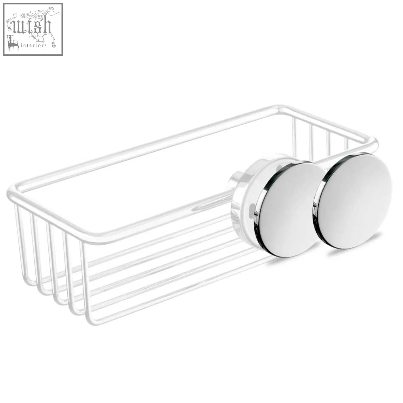 Chrome finished wire mesh shower caddy with two suction cup mounts and stainless steel cover disc set for mounting