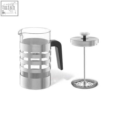 Stainless steel french press with borosilicate glass carafe and black handle by zack segos premium design