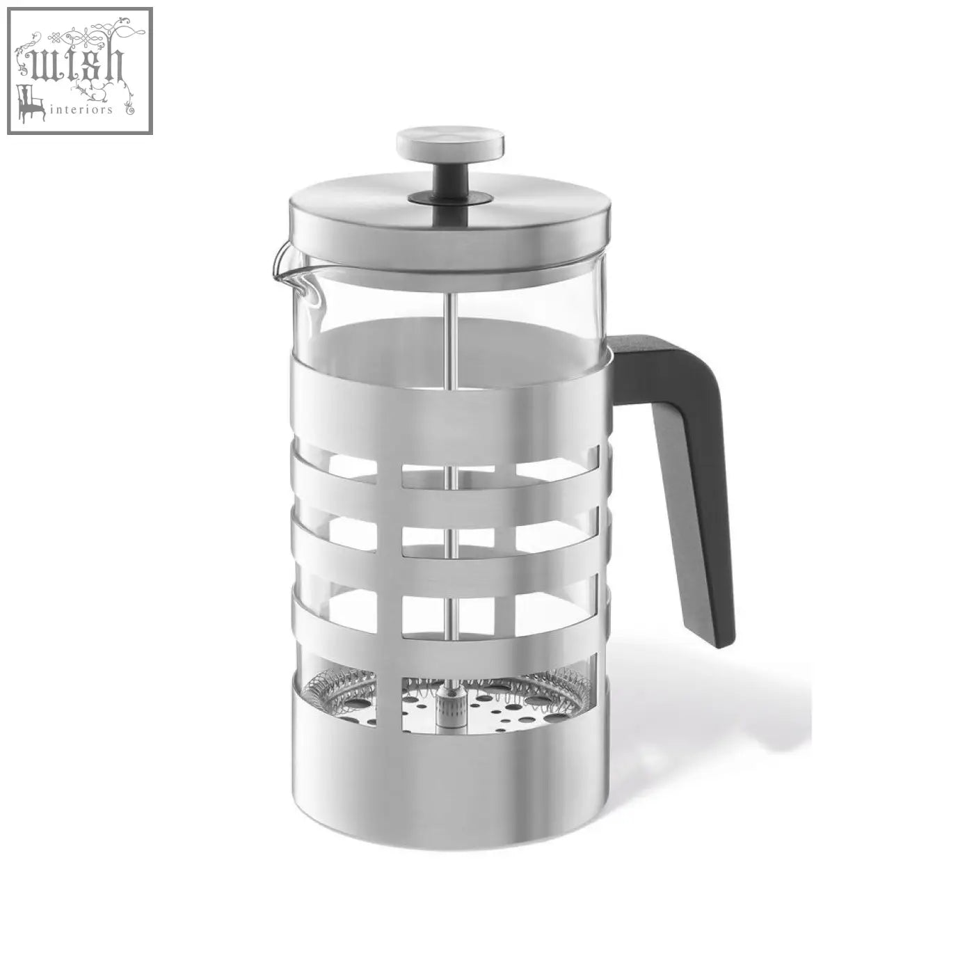 Silver stainless steel zack segos premium french press with black handle and borosilicate glass lid knob
