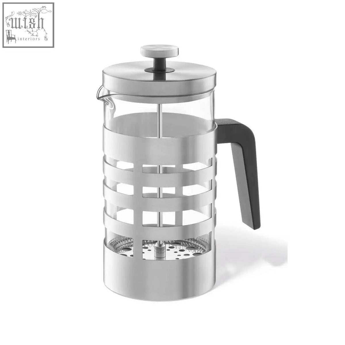 Silver stainless steel zack segos premium french press with black handle and borosilicate glass lid knob
