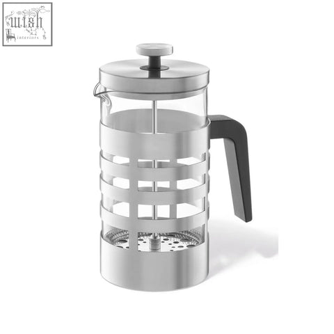 Silver stainless steel zack segos premium french press with black handle and borosilicate glass lid knob