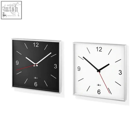 Two sillar wall stainless steel square wall clocks with black and white faces and silent german precision quartz movement