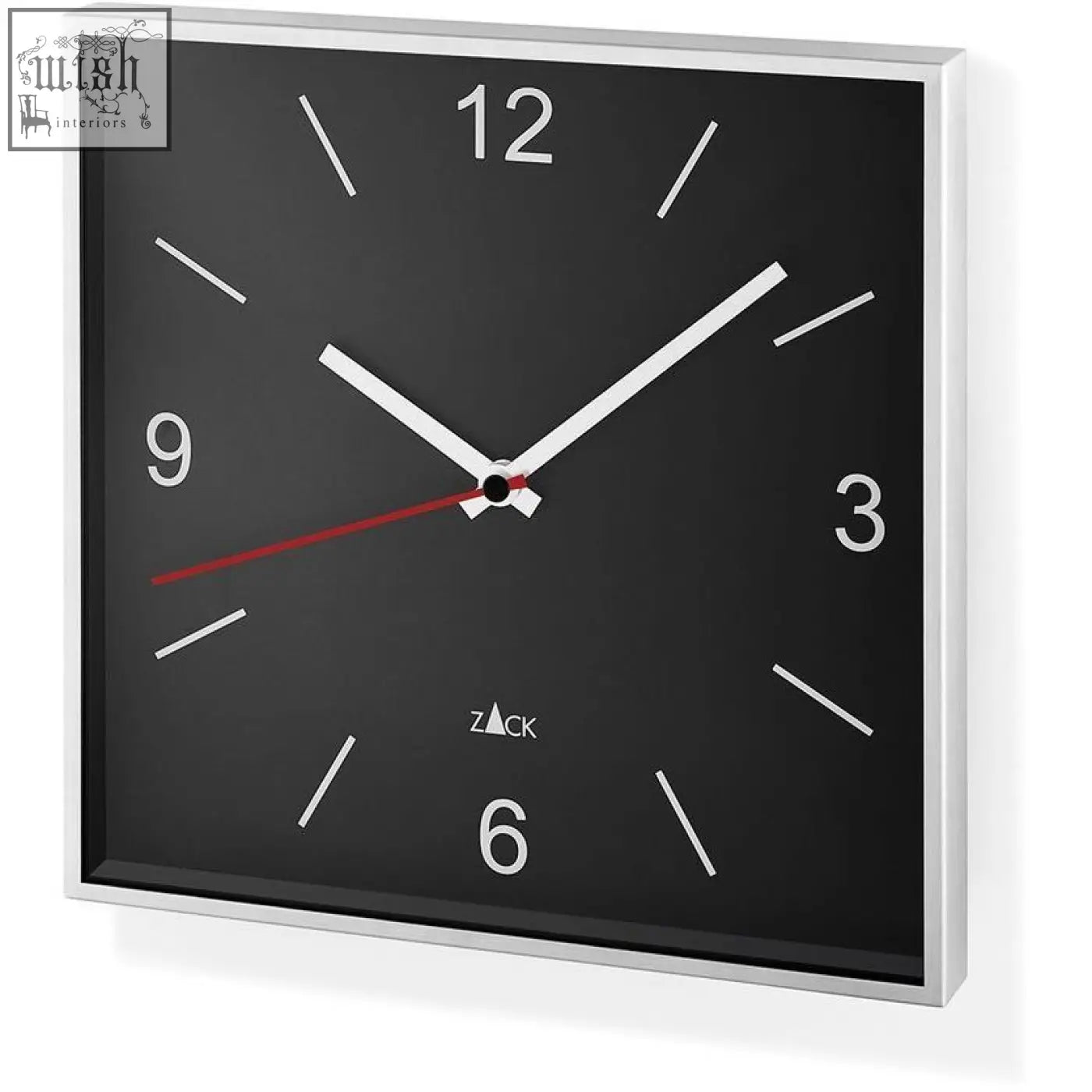 Black sillar wall clock with silver stainless steel frame white hands and red second hand silent quartz movement