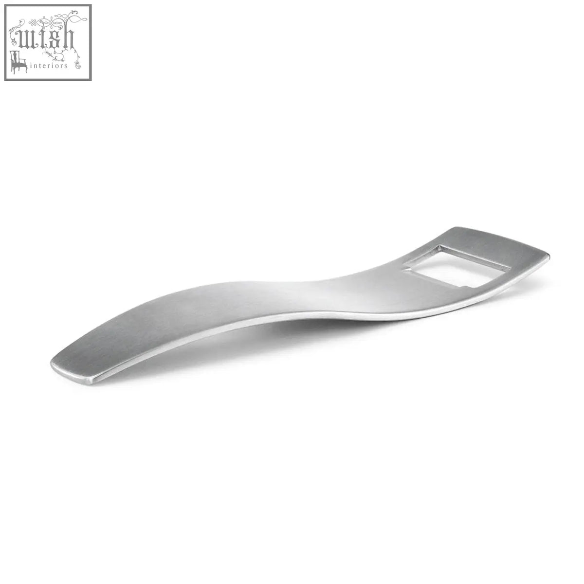 Silver sinos bottle opener made of brushed stainless steel with a sleek curved design perfect for bar use