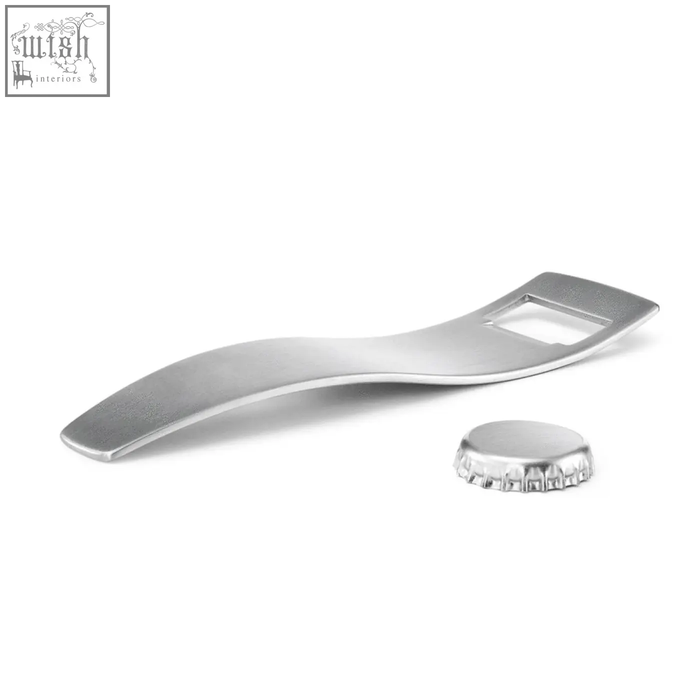Silver-toned sinos bottle opener made of brushed stainless steel with sleek curves and matching metallic cap