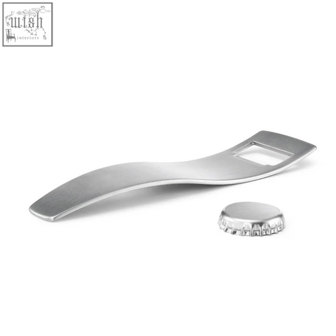 Silver-toned sinos bottle opener made of brushed stainless steel with sleek curves and matching metallic cap
