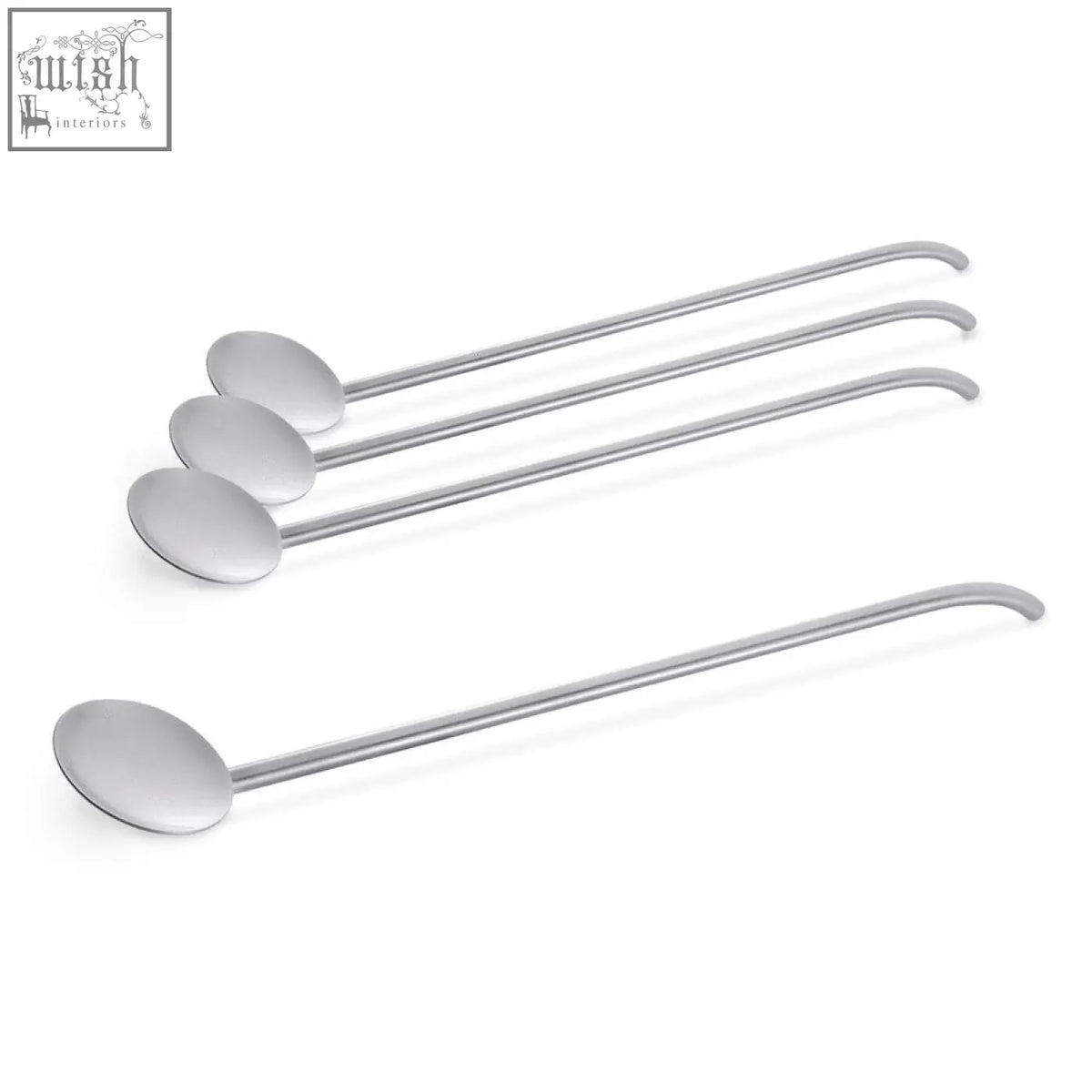 Set of four sleek brushed stainless steel long-handled cocktail spoons with curved ends by Zack Sugare