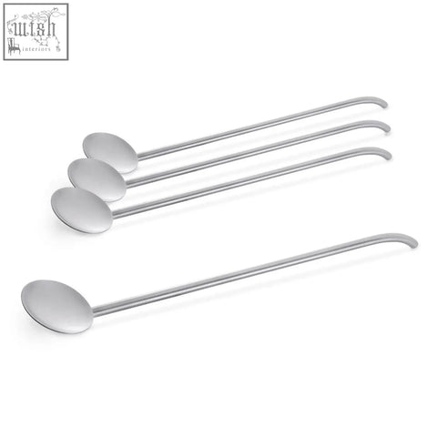 Set of four sleek brushed stainless steel long-handled cocktail spoons with curved ends by Zack Sugare