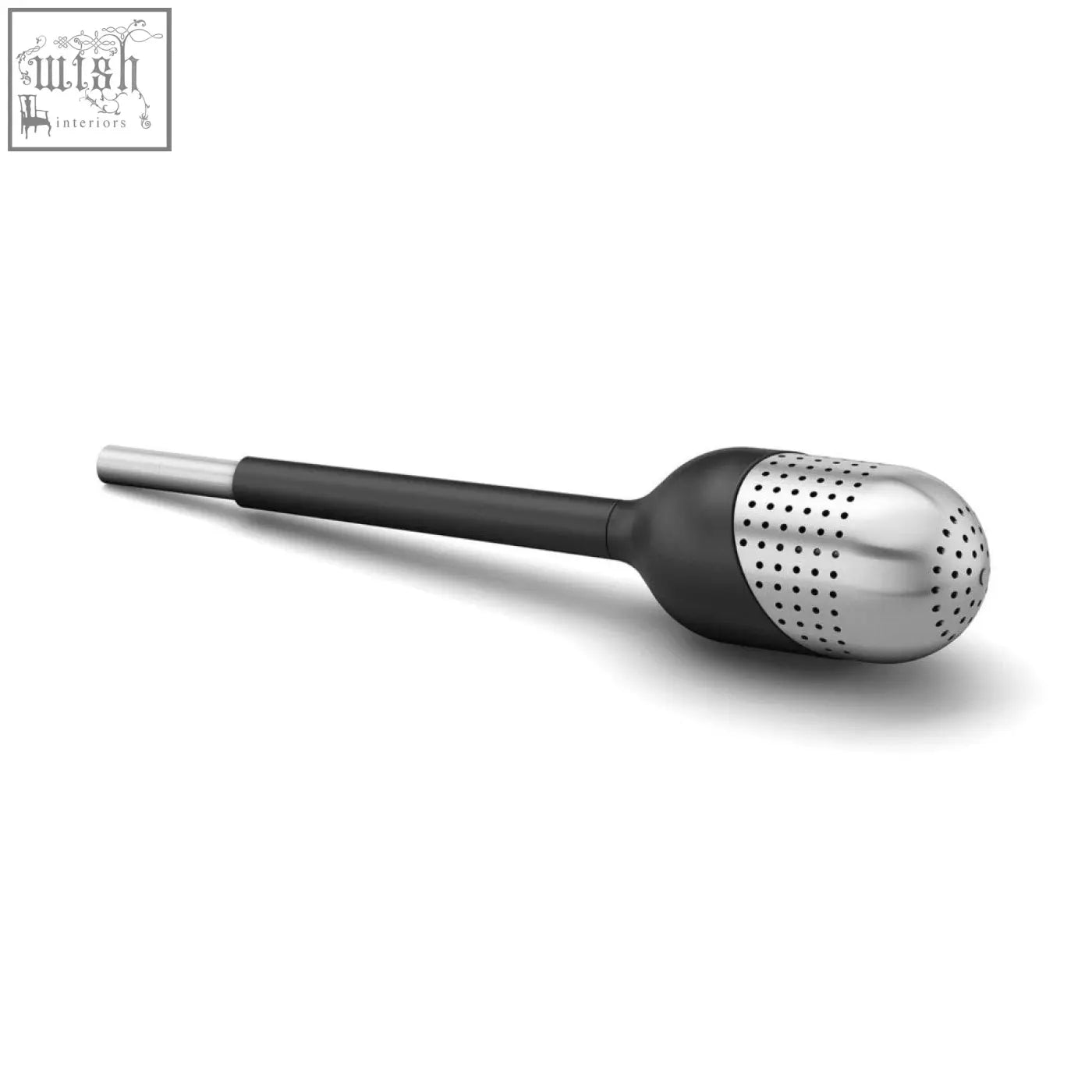 Black and stainless steel Zack Tamio tea ball with perforated spherical head for professional grade tea straining