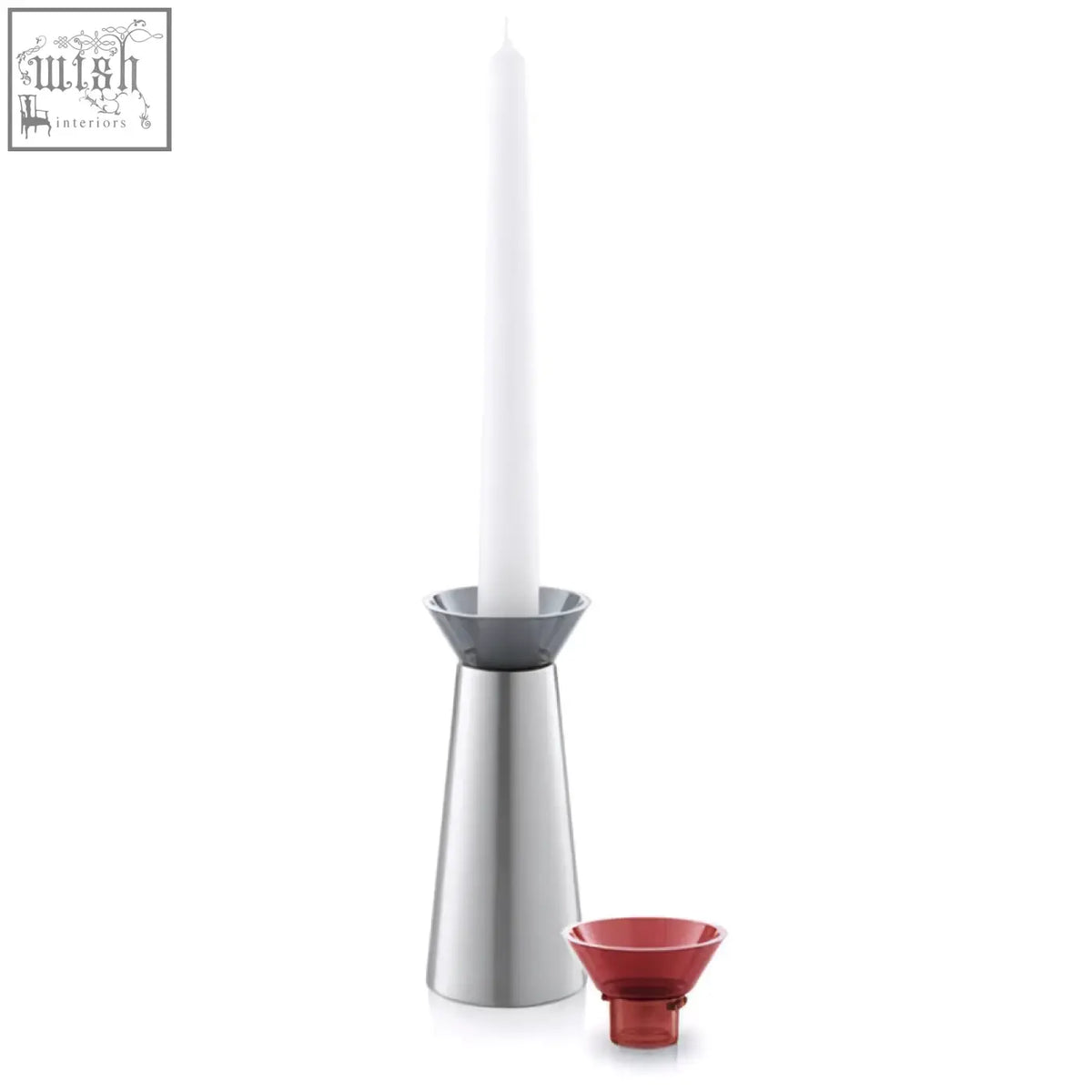 Silver candle holder with white taper candle and red glass cup from zack taris stainless steel collection