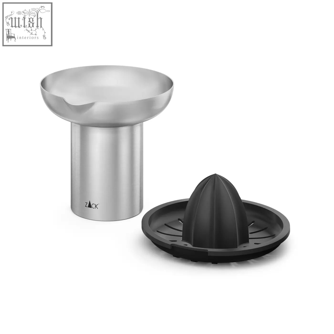 Zack Tavos premium stainless steel manual citrus juicer set with sleek black plastic and modern design weighing 345g