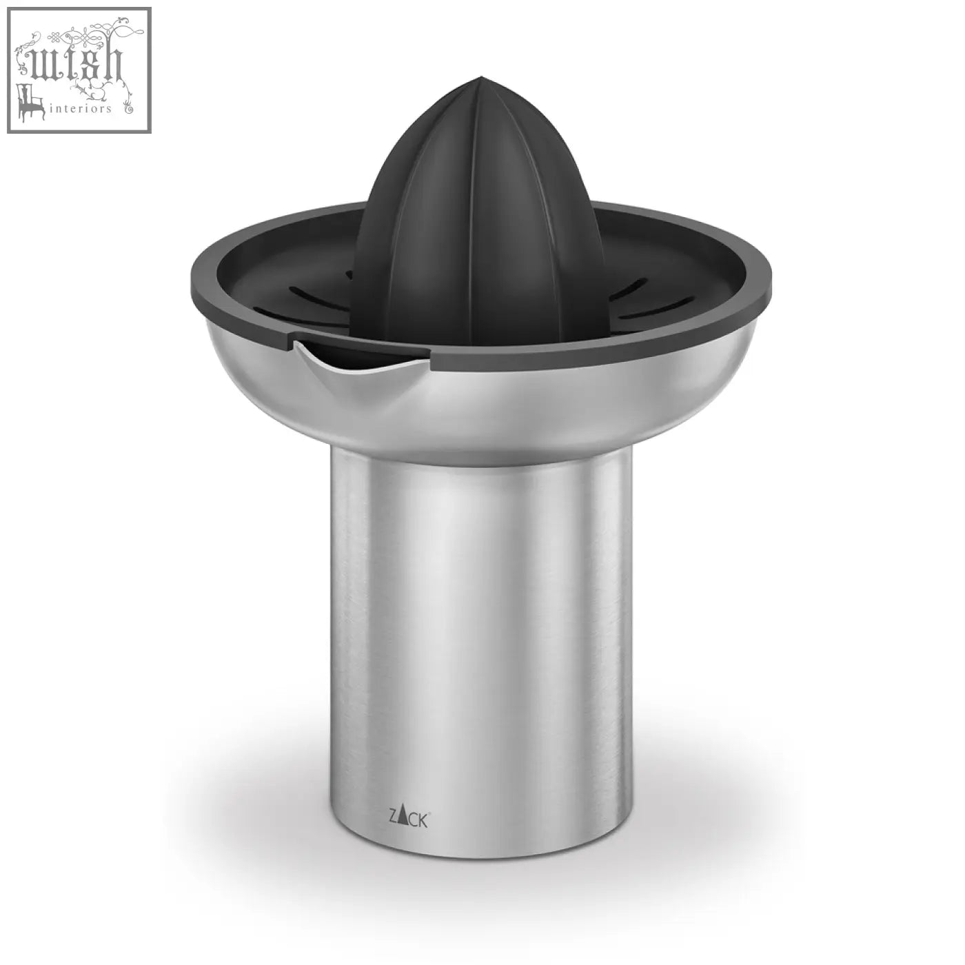 Zack tavos premium stainless steel citrus juicer with black silicone reamer and sleek modern design weighing 345g