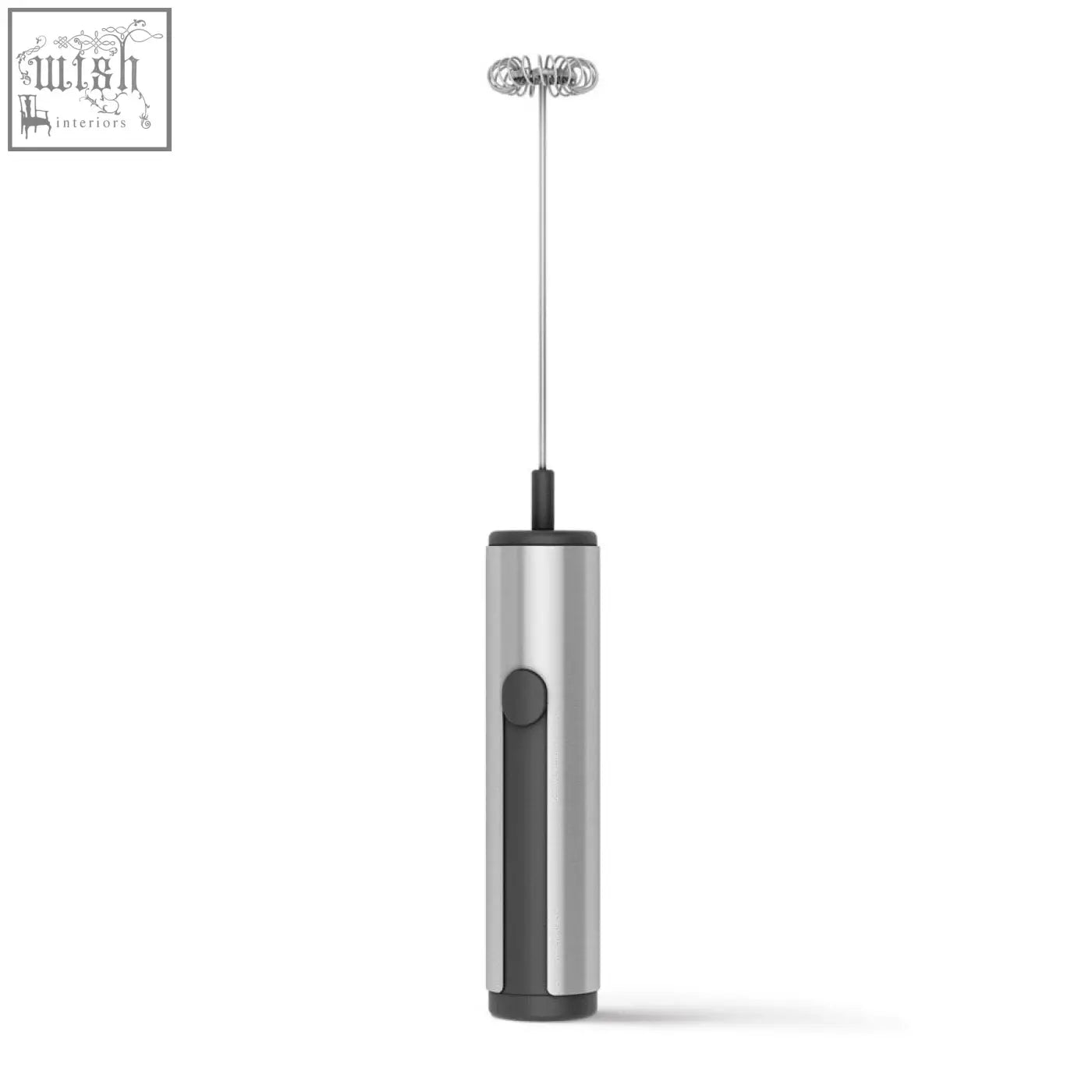 Silver and black tazzo milk frother with brushed steel body and spiral whisk perfect for frothing milk easily