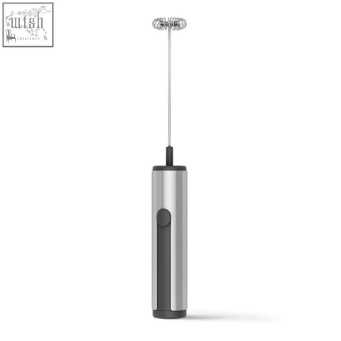 Silver and black tazzo milk frother with brushed steel body and spiral whisk perfect for frothing milk easily