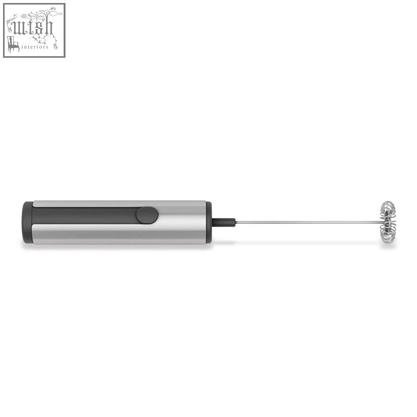 Silver and black zack tazzo professional brushed steel milk frother with sleek metallic body and coiled whisk