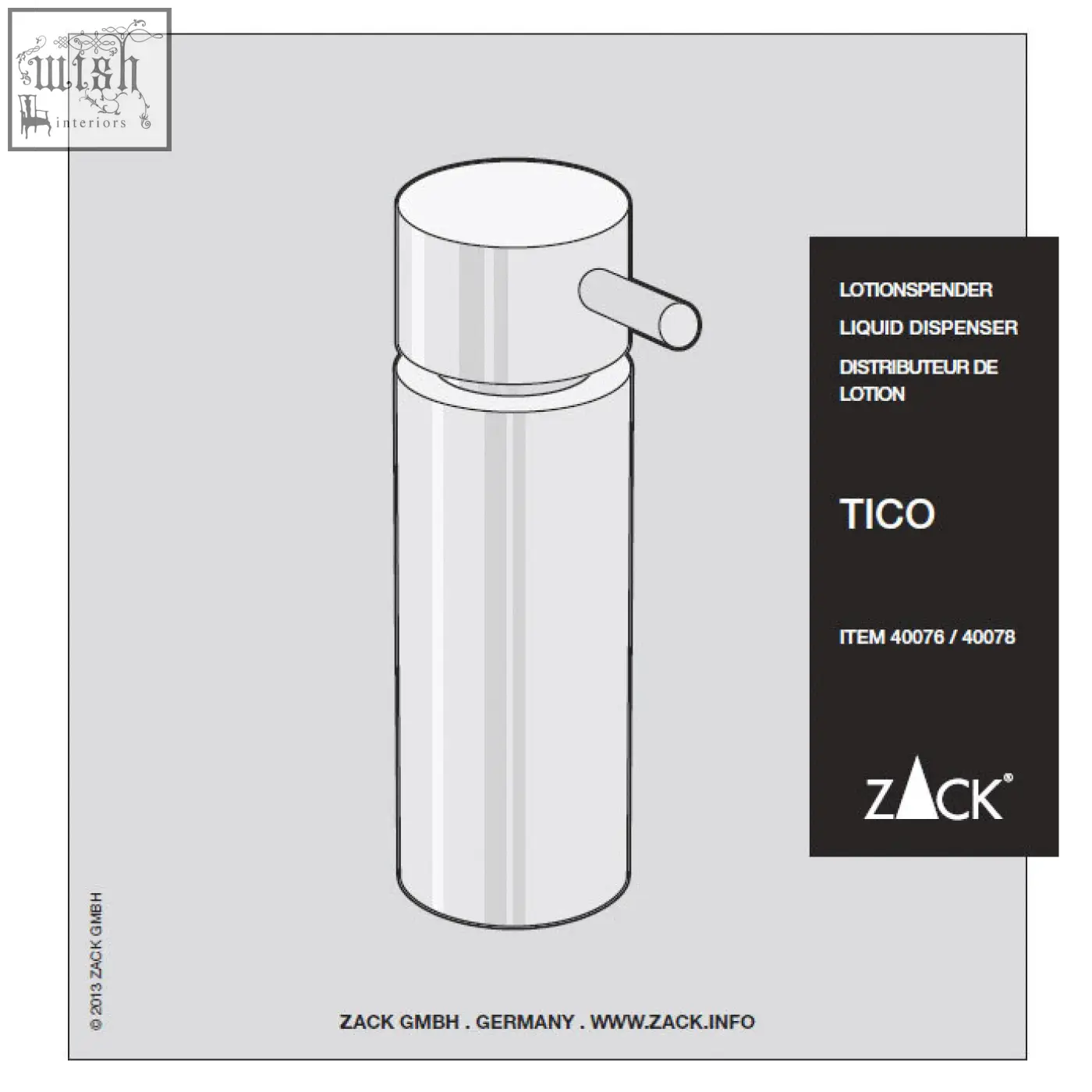 Silver-toned tico soap dispenser made of polished stainless steel with a sleek design and side nozzle for easy dispensing