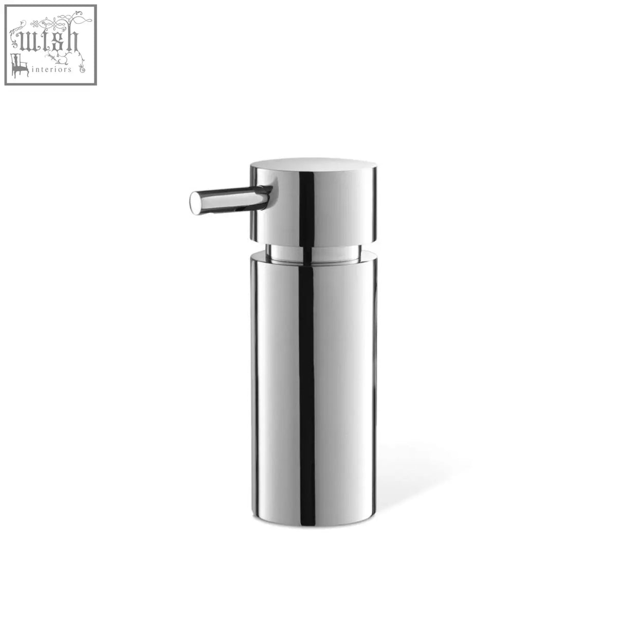 Chrome-finished zack tico stainless steel soap dispenser with cylindrical design and horizontal push-button nozzle
