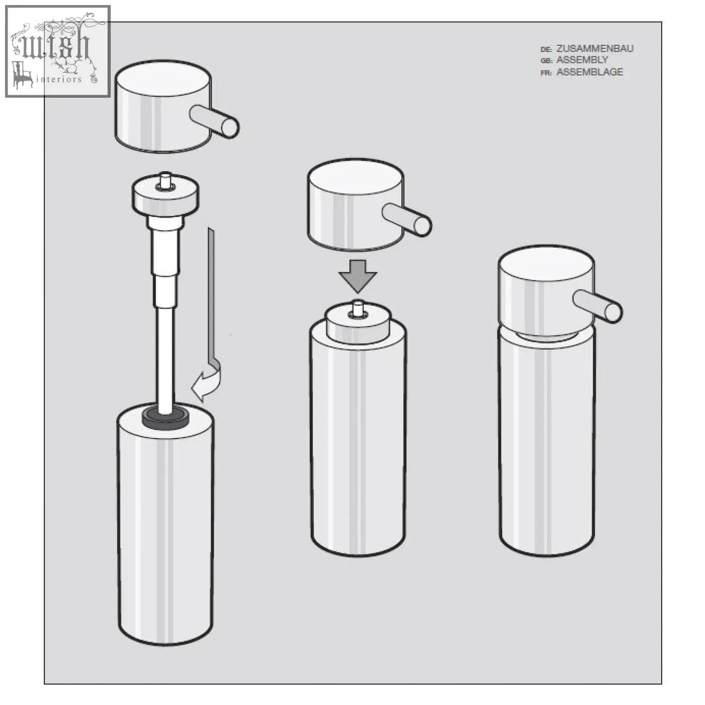 Silver cylindrical tico soap dispenser in polished stainless steel with a sleek push-button top design