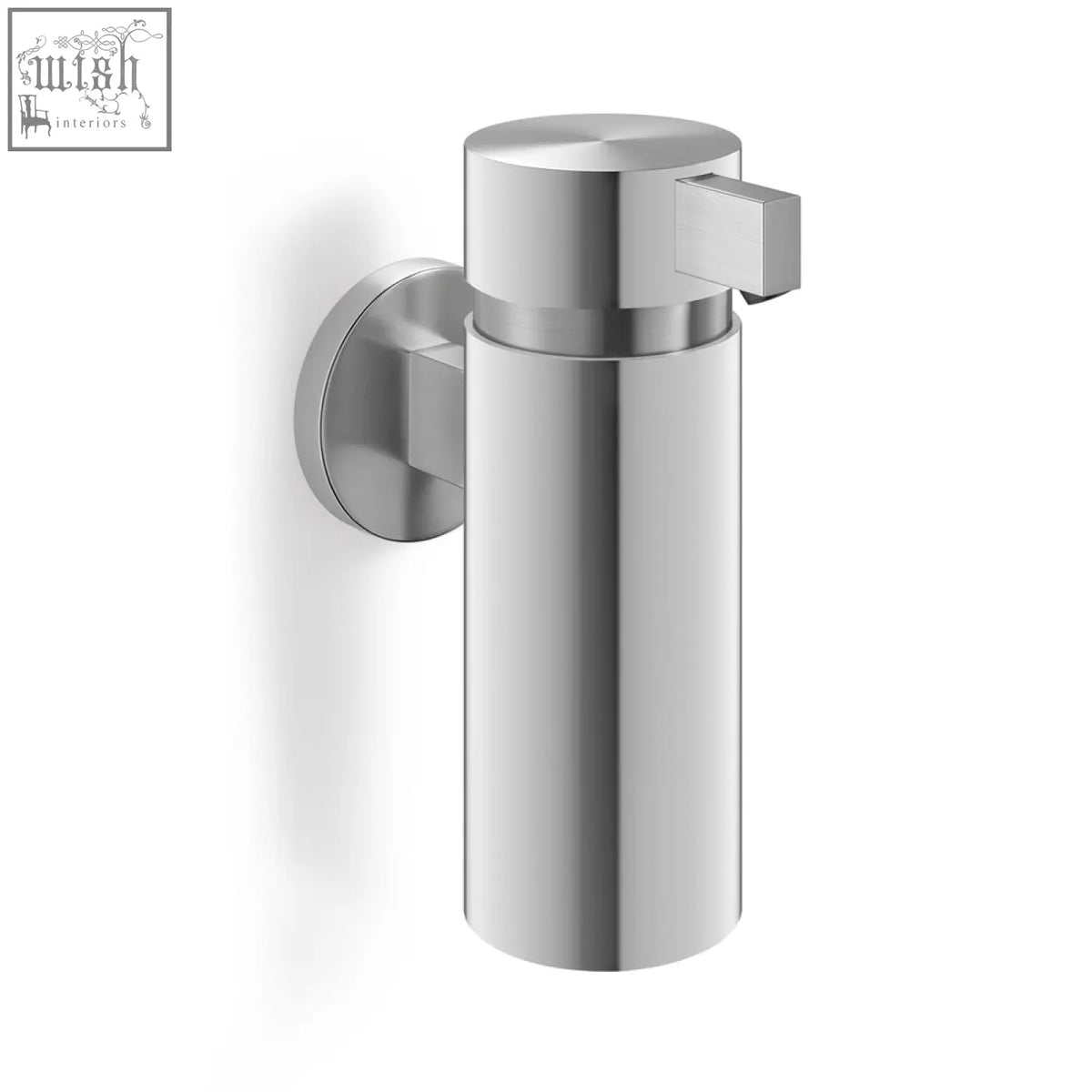 Modern wall-mounted soap dispenser zack tores in brushed stainless steel with chrome finish and square push-button top