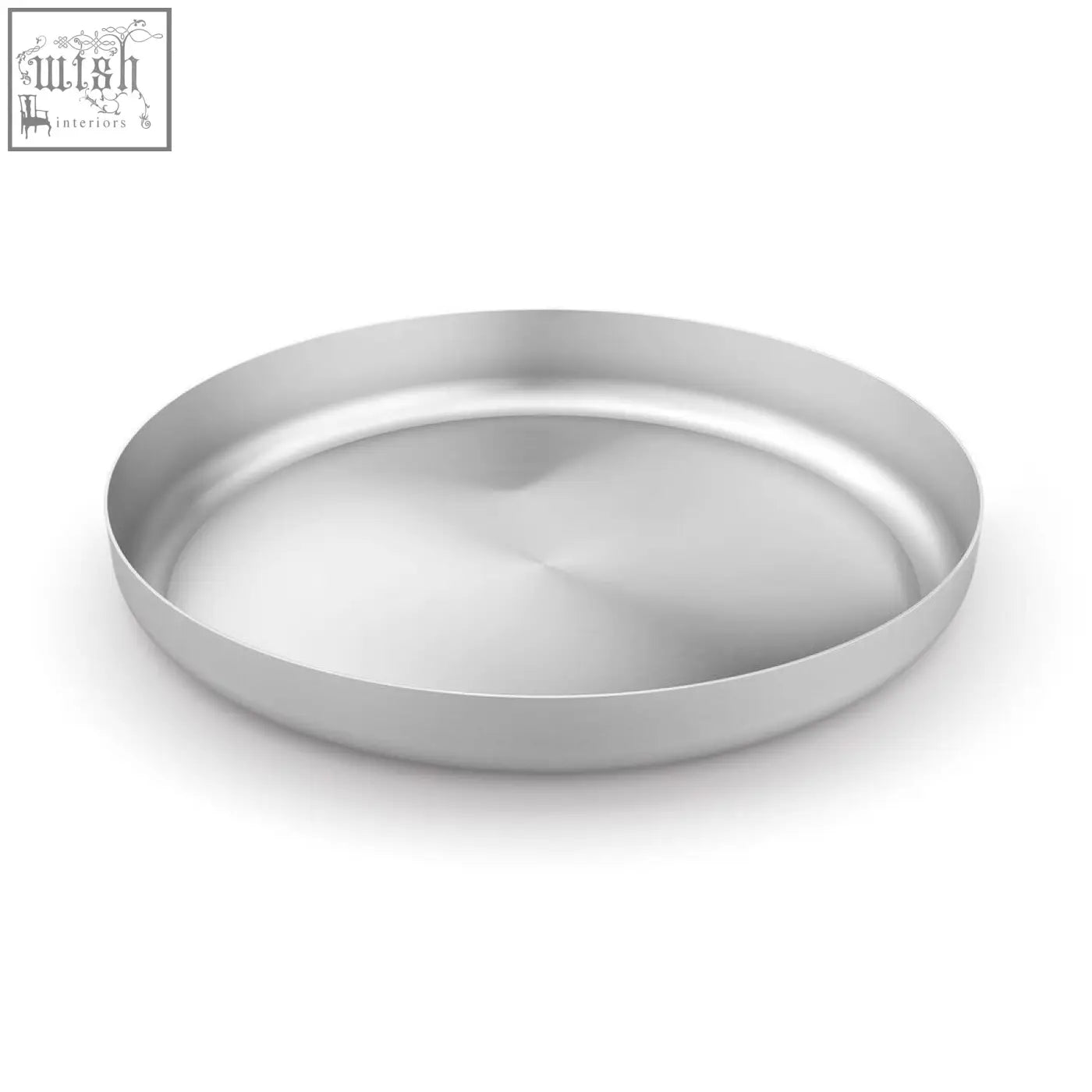 A sleek round premium stainless steel serving tray with smooth reflective surface and raised edges 30cm diameter