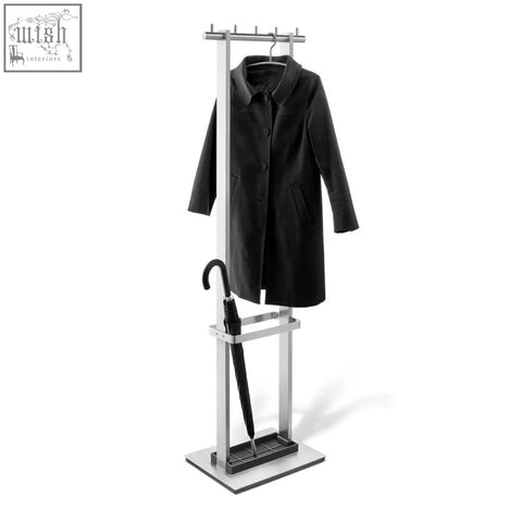 Modern silver zach vestor brushed stainless steel coat stand with black coat and umbrella holder in lower compartment